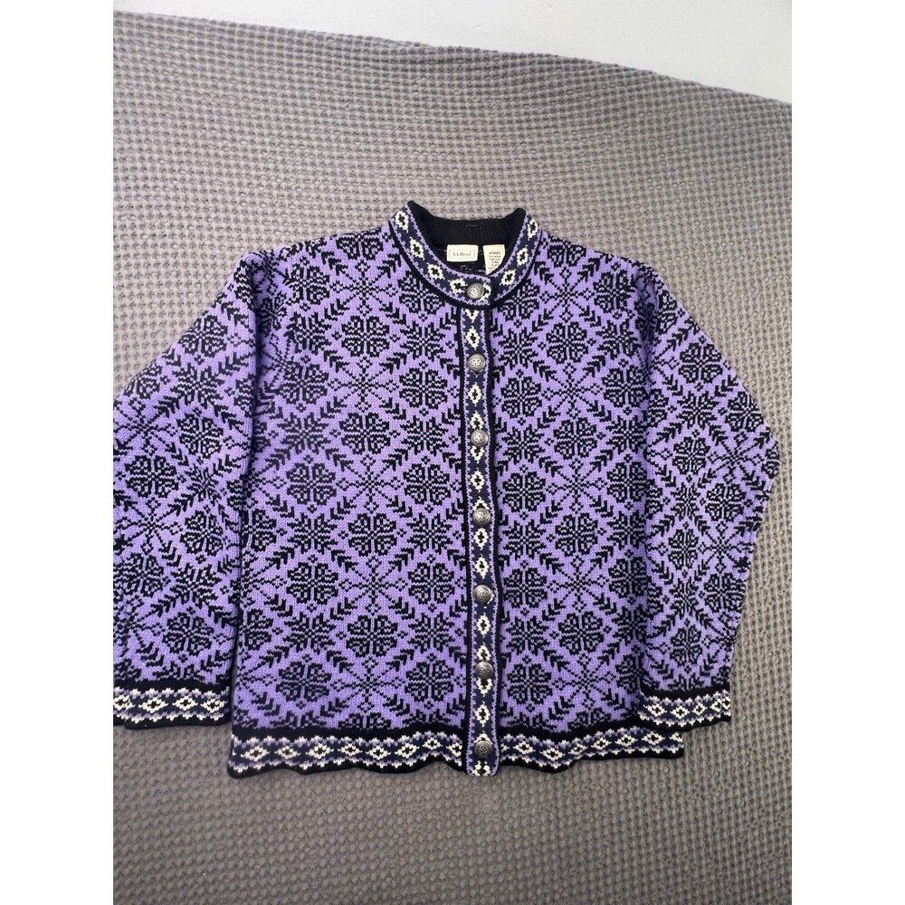 Vintage LL Bean Cardigan Sweater Women's S Snowflake Faire Isle Nordic Purple